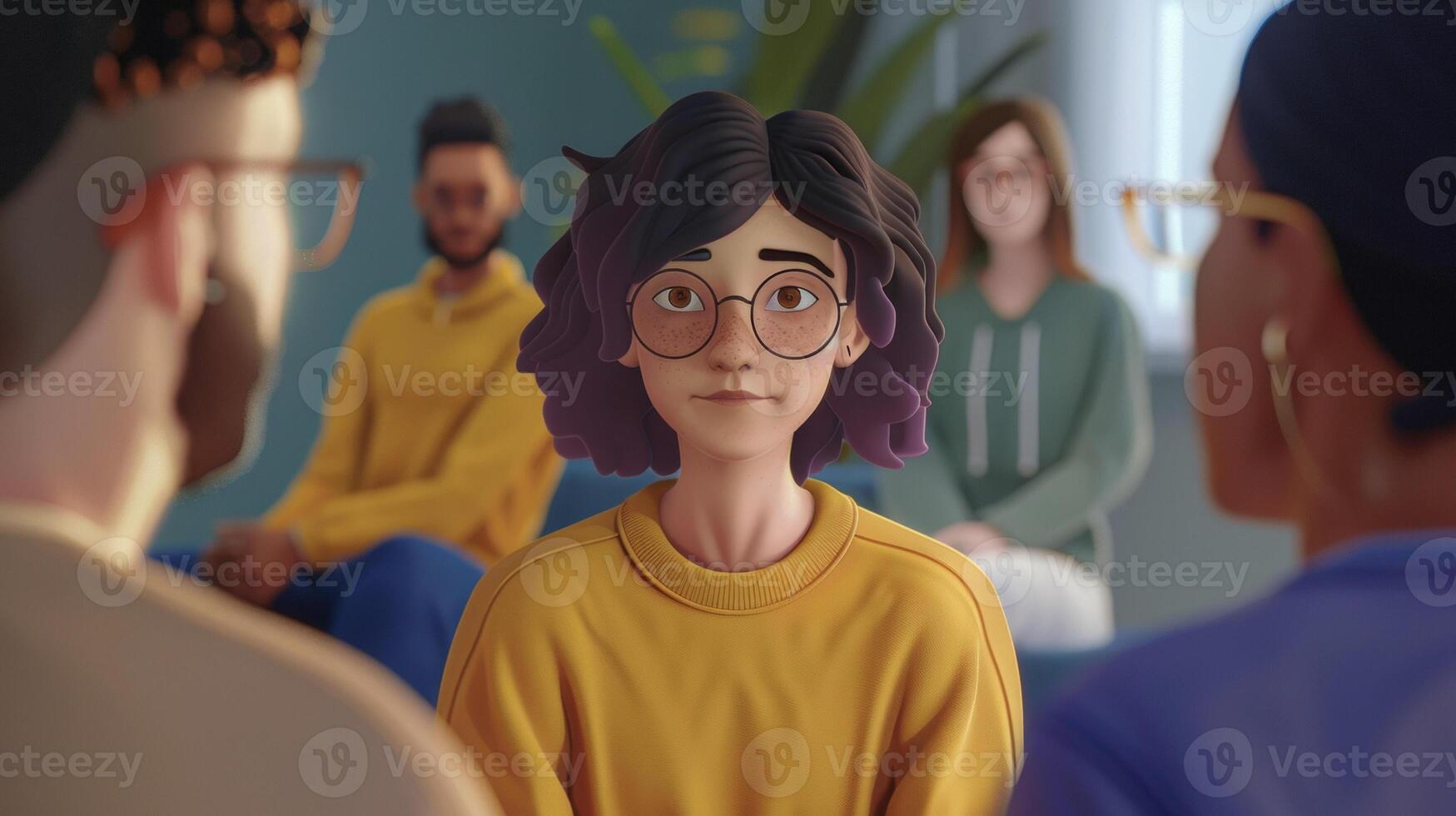 A closeup of the AI moderators avatar displaying a comforting and nonthreatening expression as they guide participants through a difficult topic during a virtual support grou photo