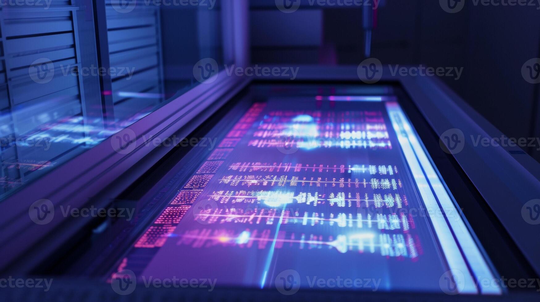 An illuminated scanner screen with a detailed image of genetic data ready for analysis and interpretation for personalized medicine purposes photo