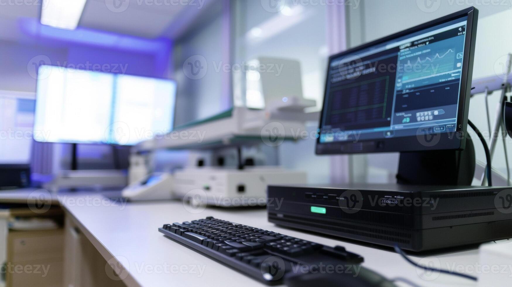 Closeup of a remote telepathology station showcasing the use of AI technology to assist pathologists in diagnosing slides from patients living in rural or remote areas photo