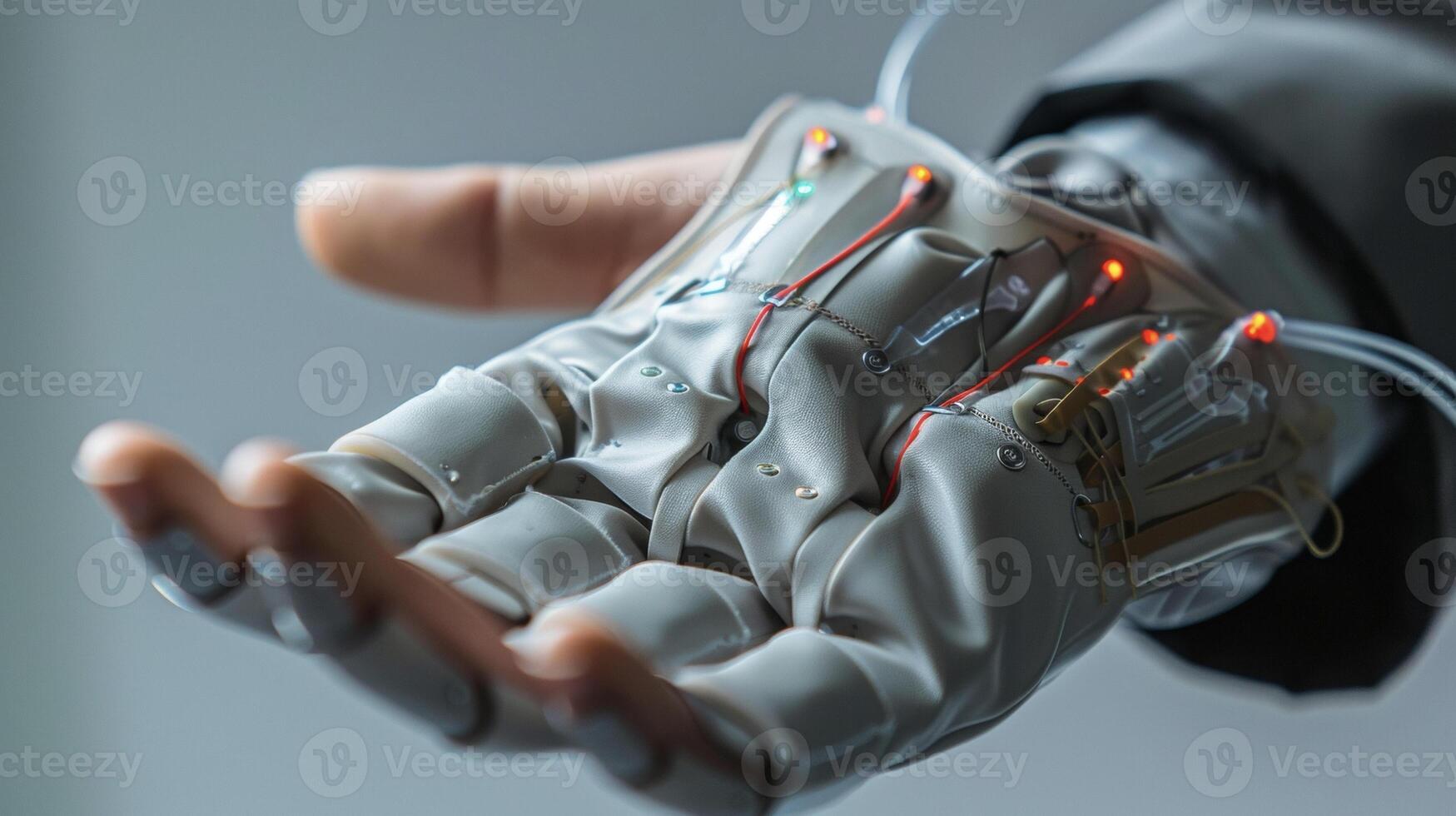 A detailed shot of a glove with electrodes on the fingertips for precise stimulation and enhanced dexterity photo