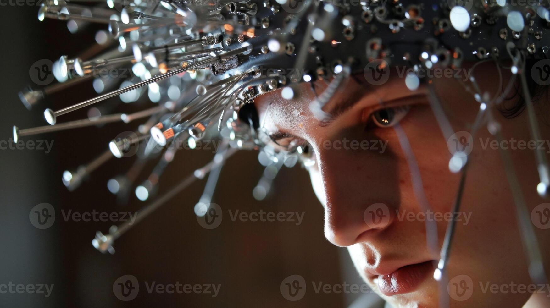 A person wearing a cap with an array of electrodes poking out resembling a futuristic crown photo