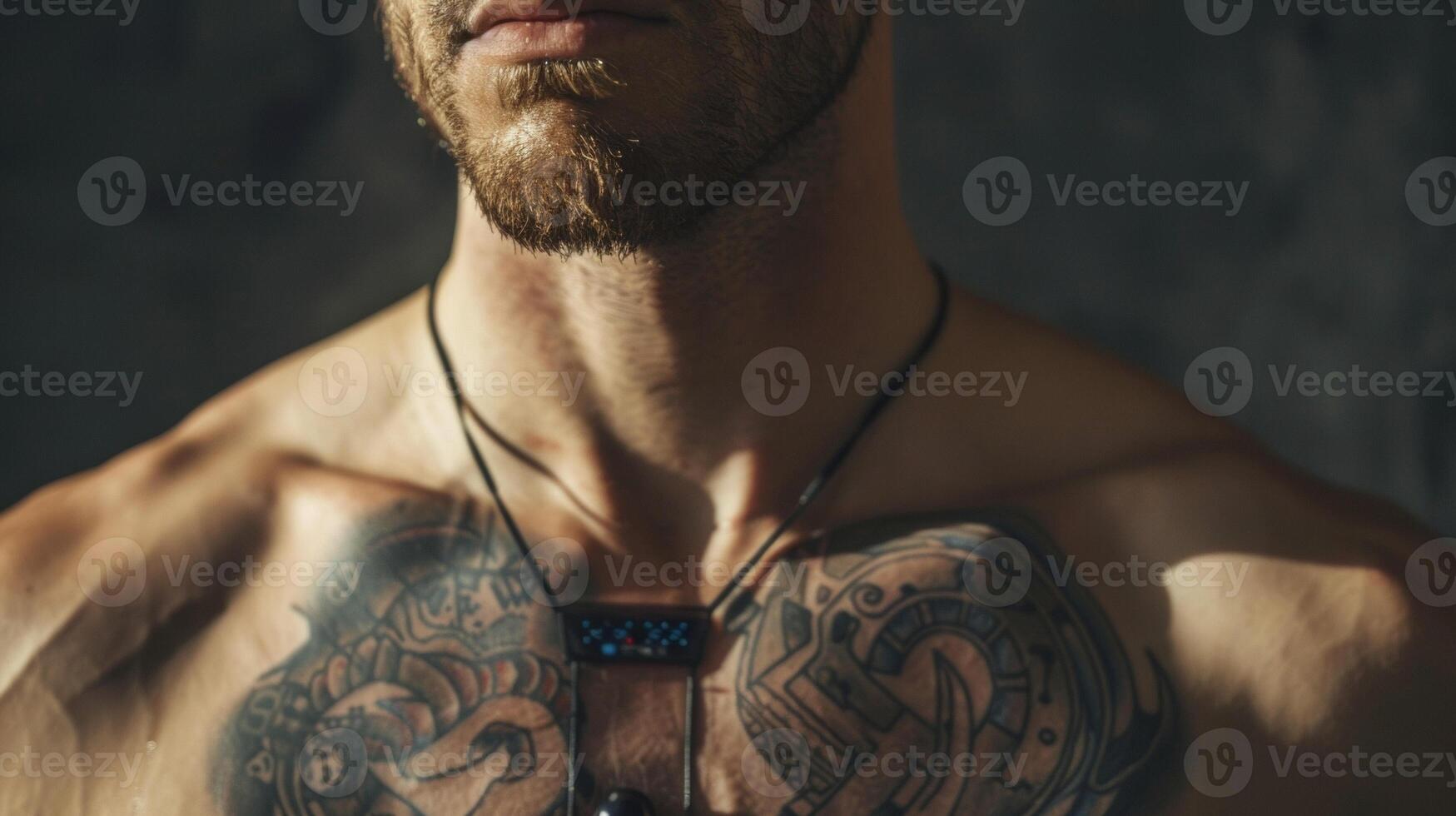 A closeup of a chest tattoo that monitors alcohol intake through sweat analysis providing feedback and reminders for responsible drinking habits photo