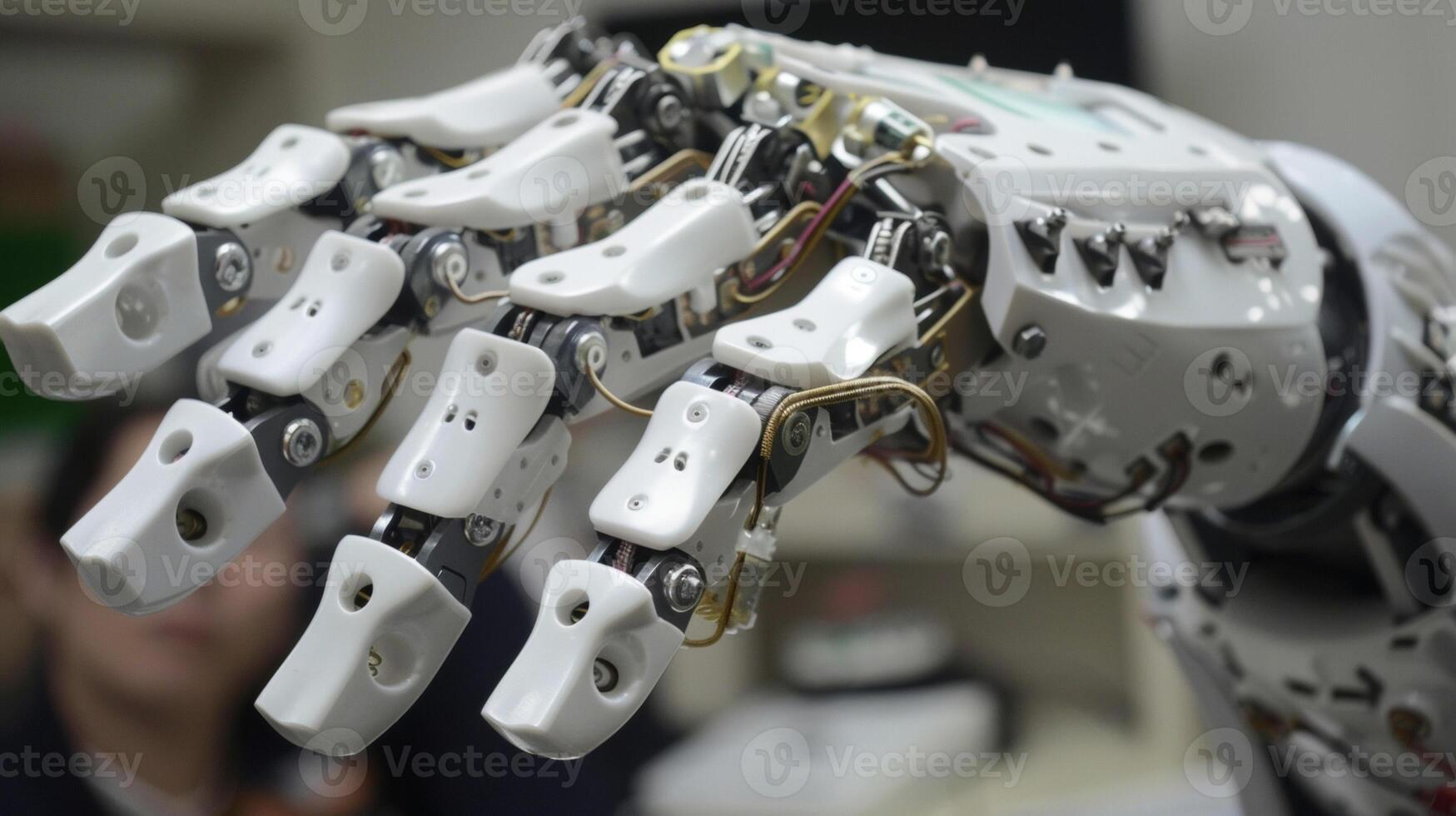 The intricate mechanisms and sensors of a robotic hand used in therapy sessions to help stroke survivors regain hand and finger movements photo