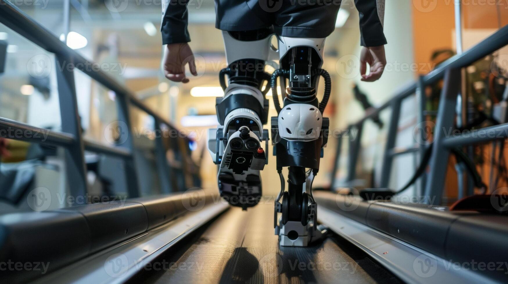 A focused shot of a robotic exoskeleton worn by a stroke survivor as they practice walking on a treadmill with the support and guidance of the machine photo