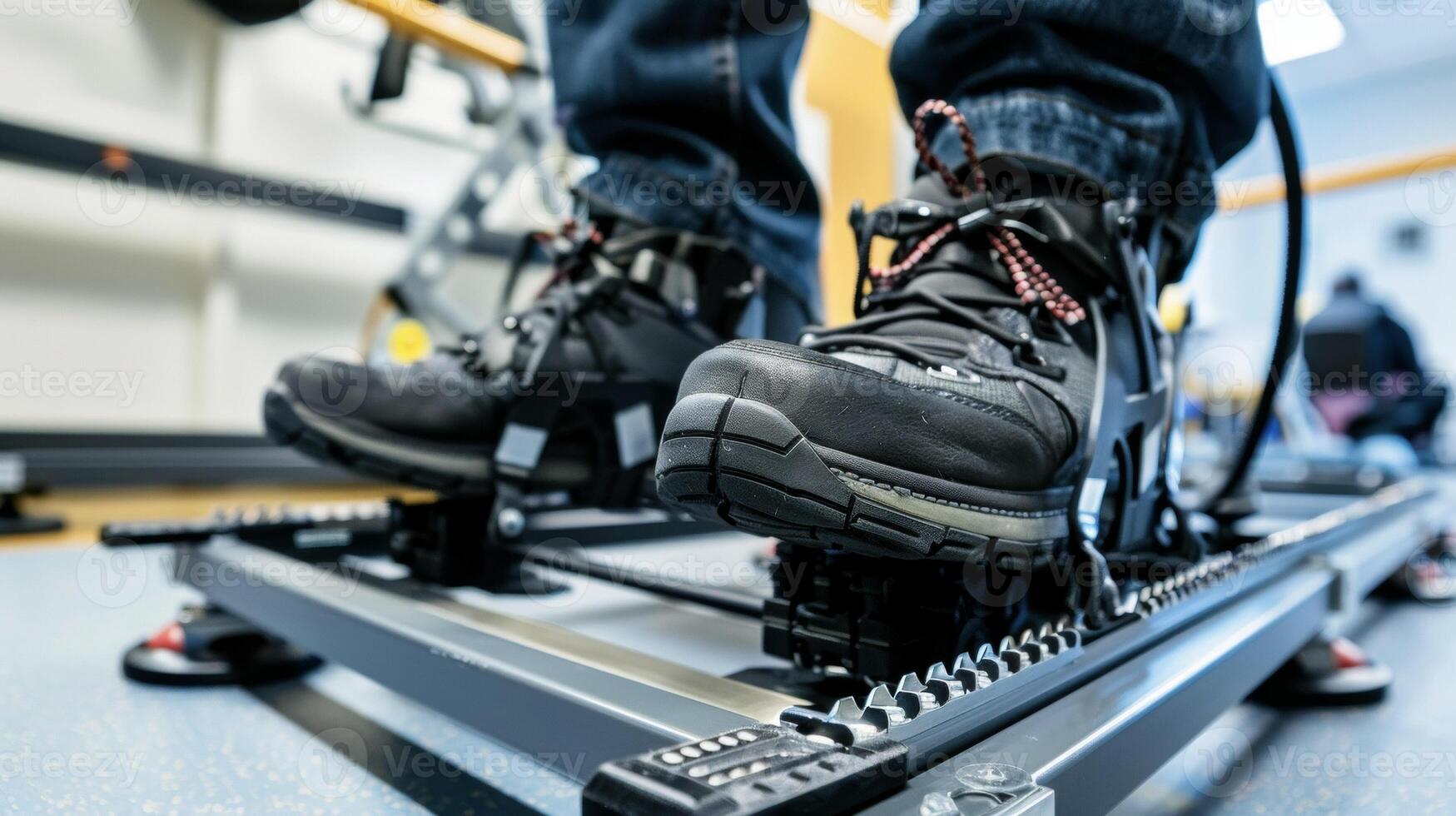 A closeup of a stroke survivors feet sped into a robotic gait trainer which utilizes programmed movements to help improve walking patterns and stability photo