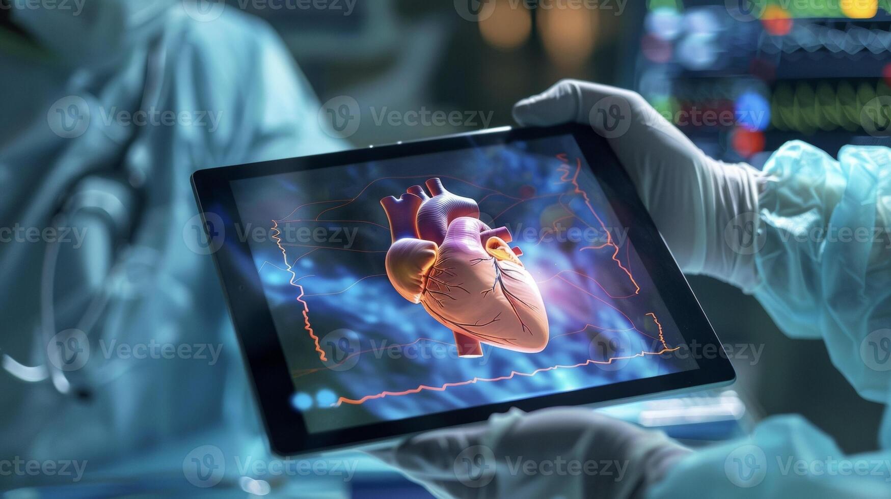 A surgeons hand holding a tablet device using an interactive 3D heart model to explain a procedure to a patients family photo