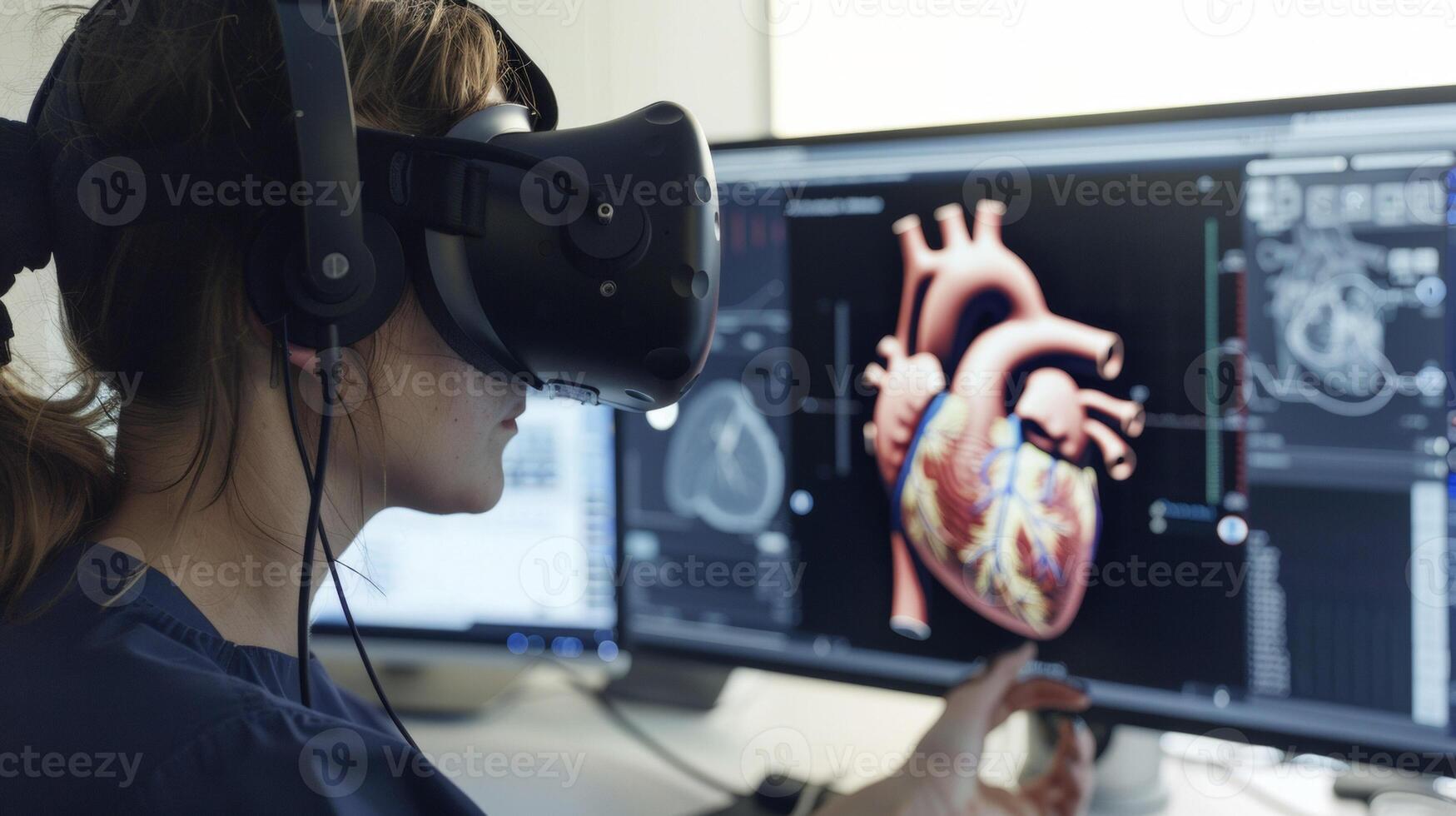 A patient wearing a headset fully immersed in an interactive 3D heart simulation on a computer screen photo