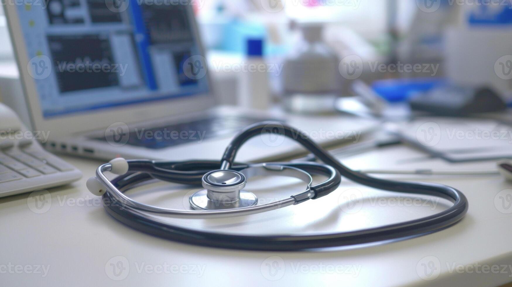 A closeup of a doctors stethoscope with a computer screen in the background displaying AIgenerated data on disease symptoms and patterns photo