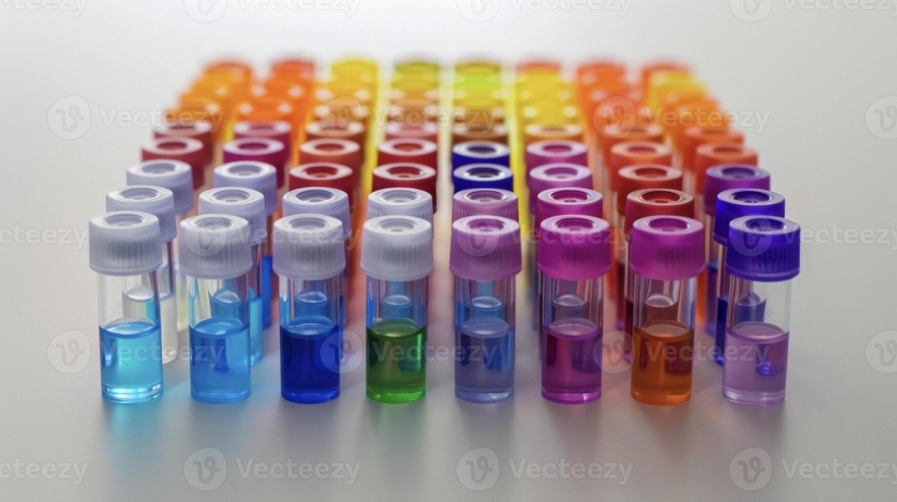 An array of colorful vials containing different bioinks ready to be loaded into the 3D bioprinter for precision printing photo