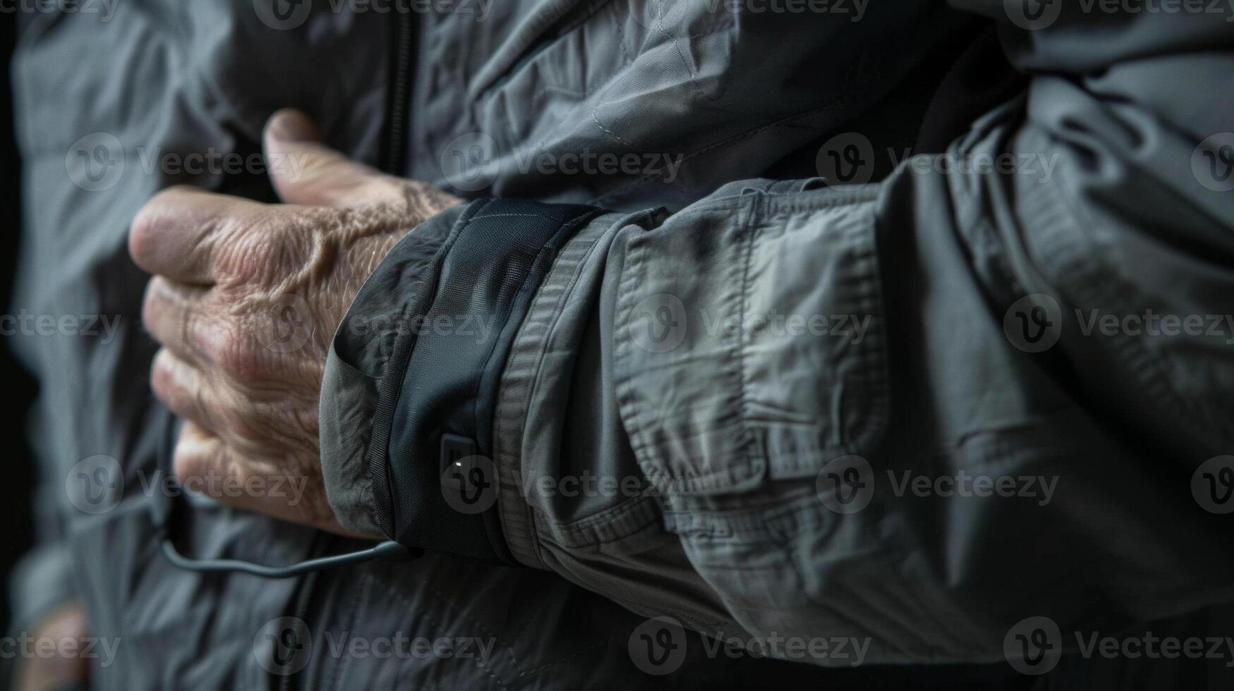 A persons hand activating a small device attached to their clothing receiving posture feedback through subtle vibrations photo