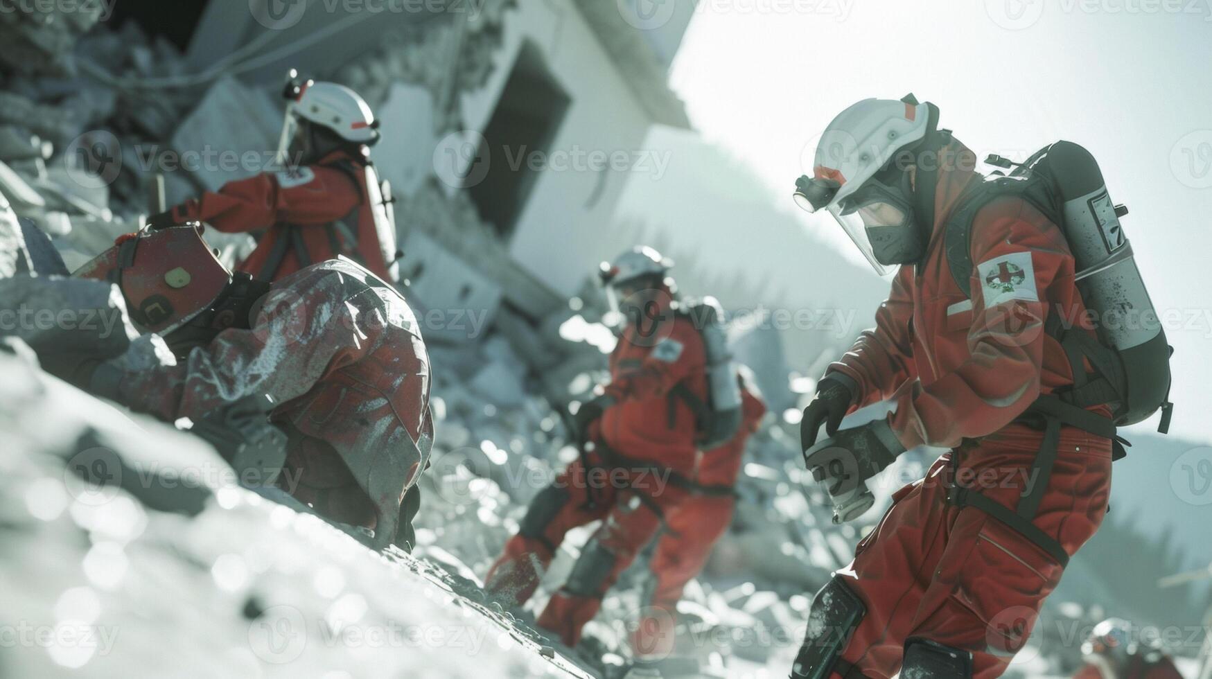 A group of paramedics in a simulated earthquake scenario navigating through rubble and using virtual tools to rescue victims photo