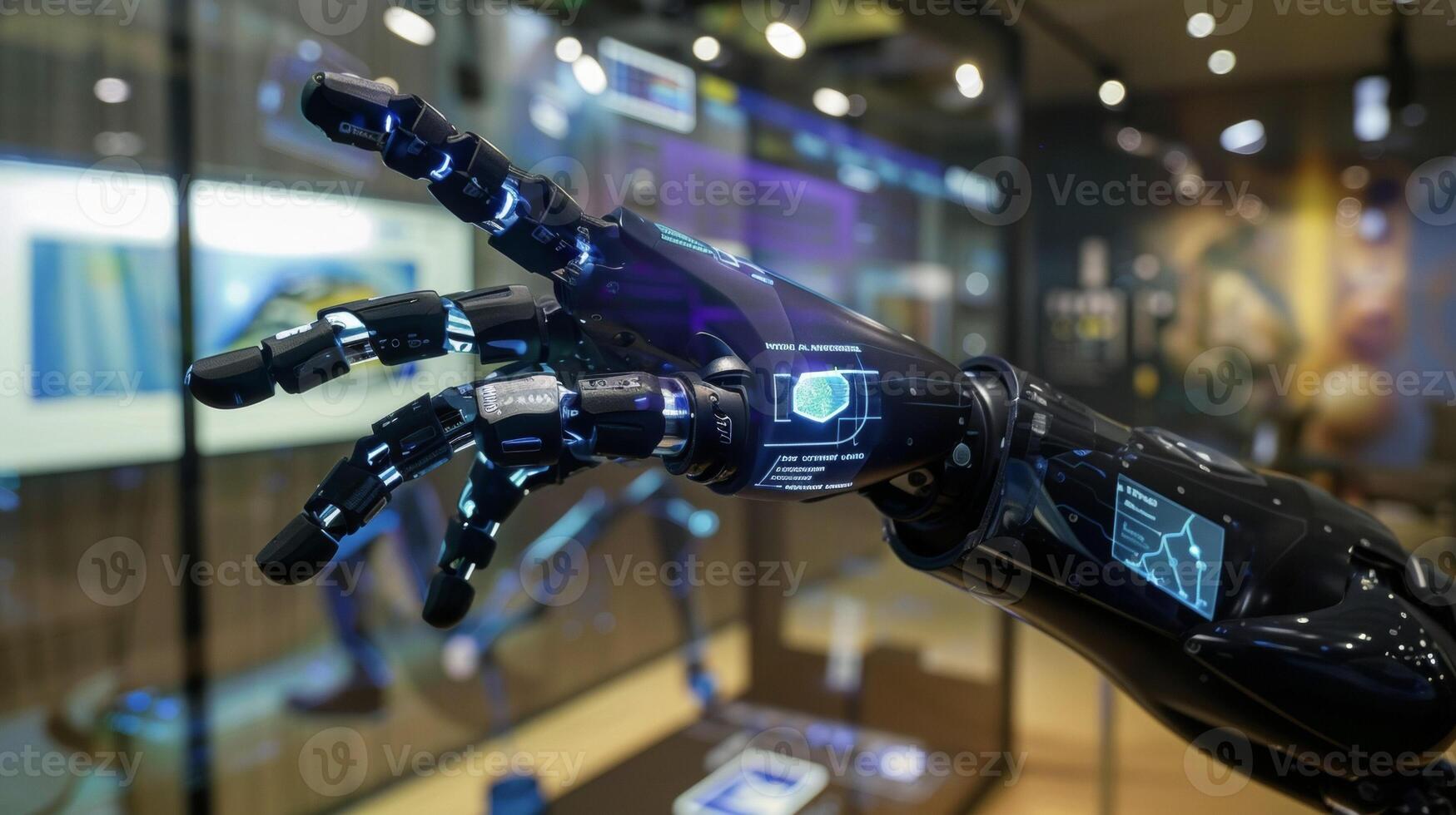 Closeup of an augmented reality projection of an advanced prosthetic arm displaying the various sensors and capabilities of the device for amputees to better understand an photo