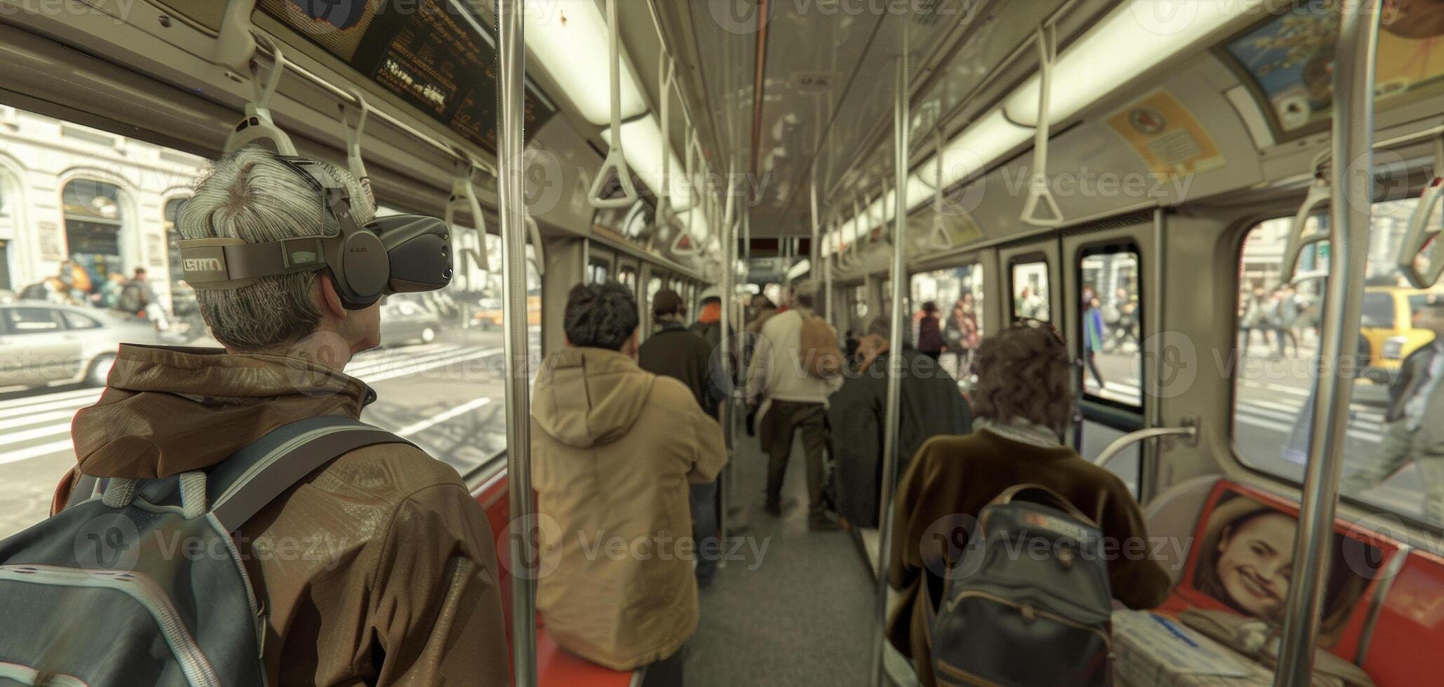 A virtual reality simulation of a public transportation setting where individuals with autism can practice social skills related to navigating and interacting with stranger photo