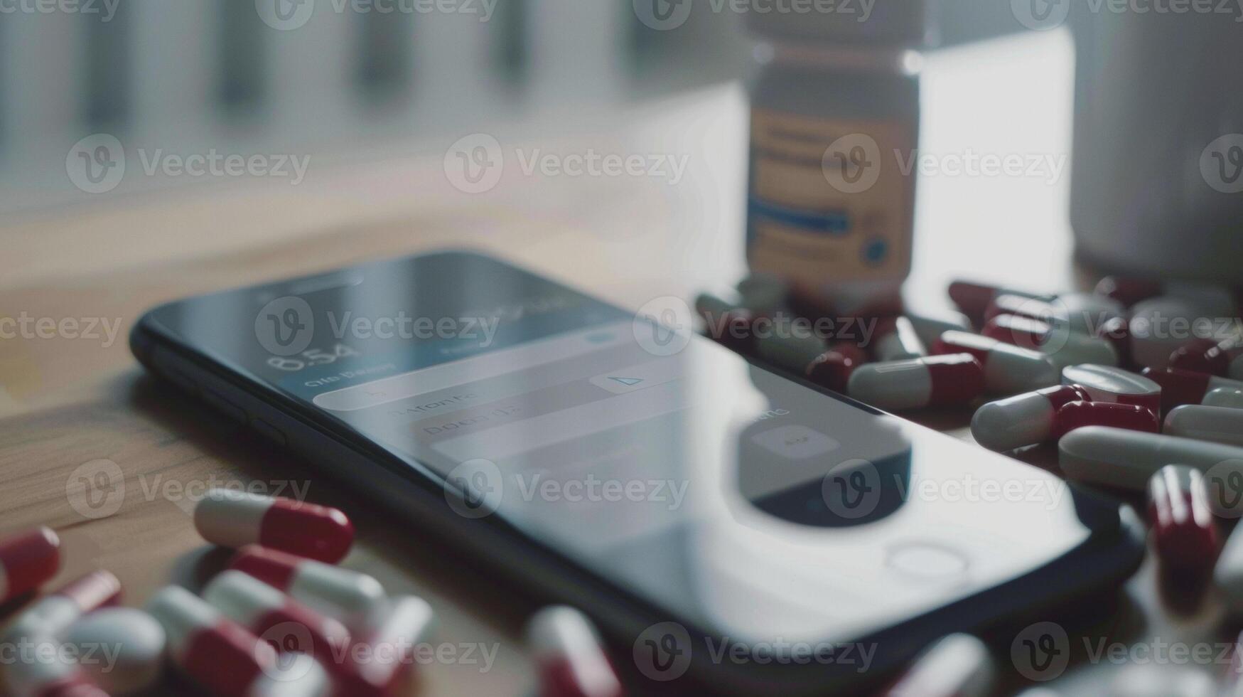 A closeup of a virtual notification popping up on a smartphone reminding the patient to take their medication on time photo