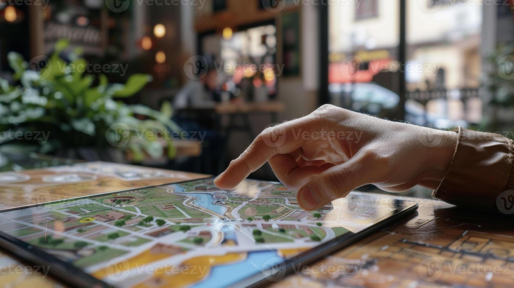 A persons finger tapping on a specific location on an AR map highlighting the nearest wheelchairfriendly coffee shops and restaurants photo