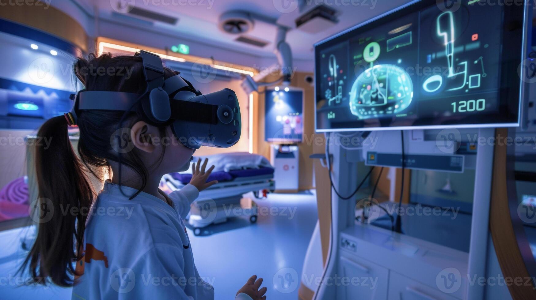 A child playing a virtual reality game set in a hospital where they learn about different medical instruments and their uses promoting familiarity and reducing fear photo