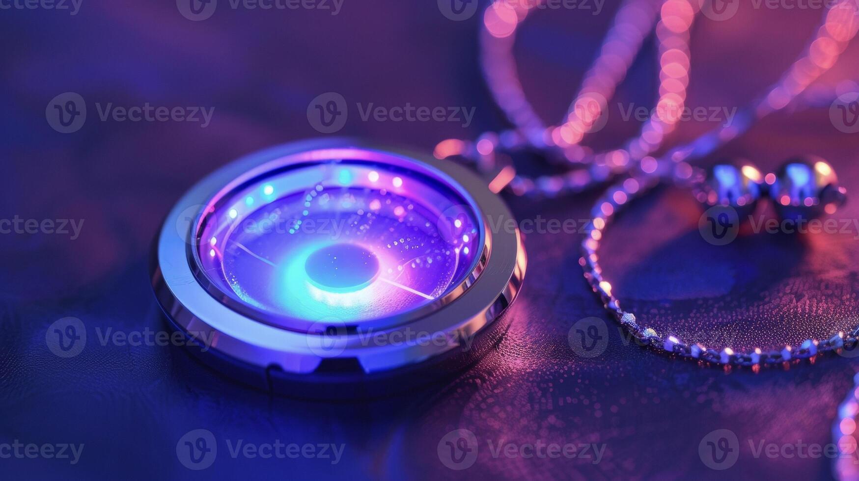 A detailed view of a UV radiation detection necklace featuring a compact sensor and LED lights that change color based on the UV levels photo
