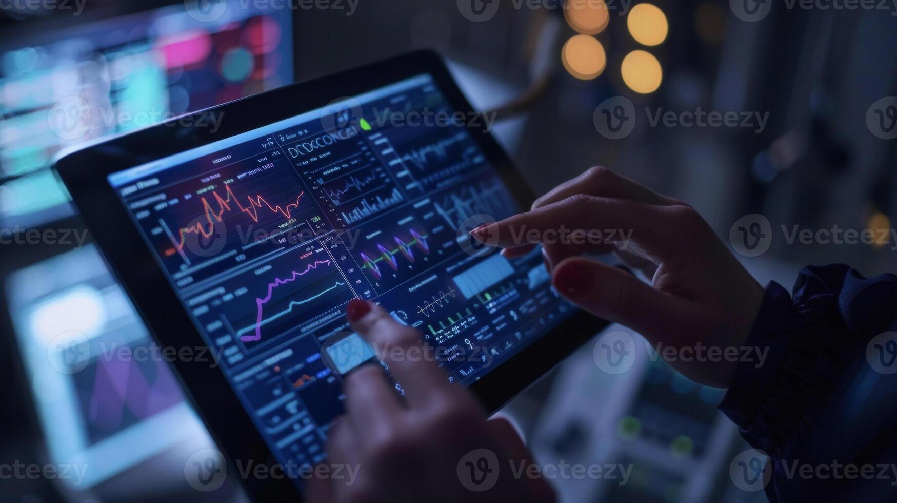 A topdown view of a person using a tablet to access their personal blockchainbased health data ownership platform. The screen displays a visual representation of the patient photo