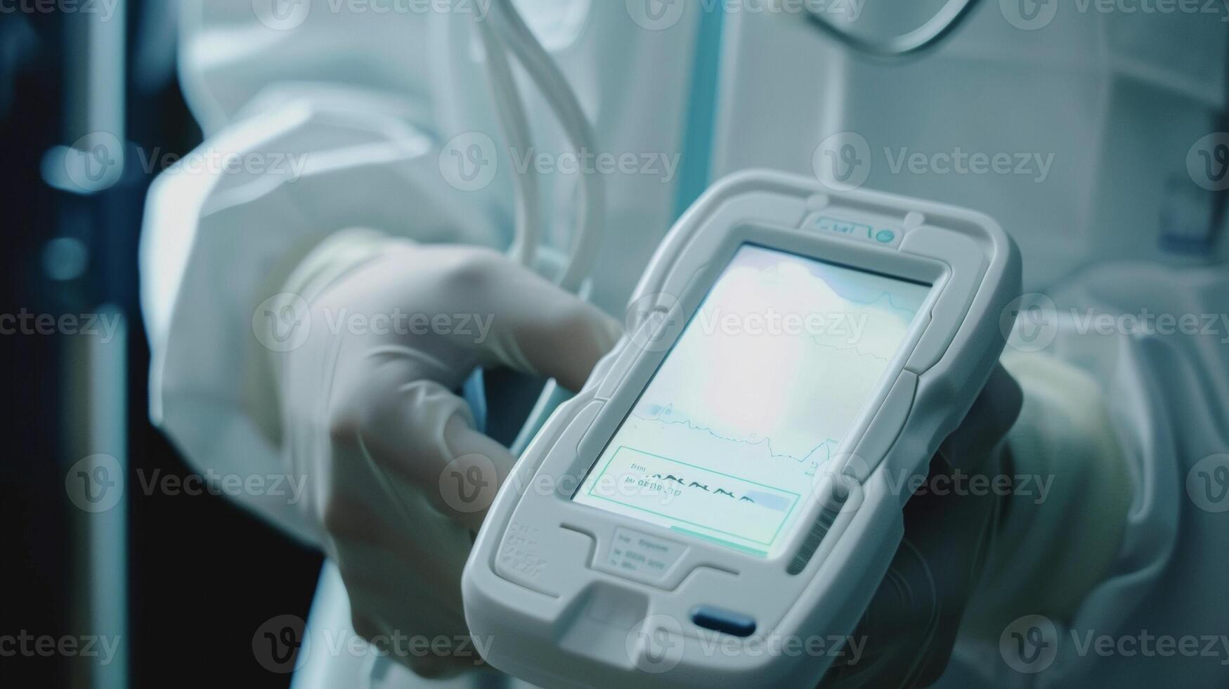 A closeup of a handheld telemedicine device which can be used by patients to monitor their own health and share data with medical professionals through the mobile clinic photo