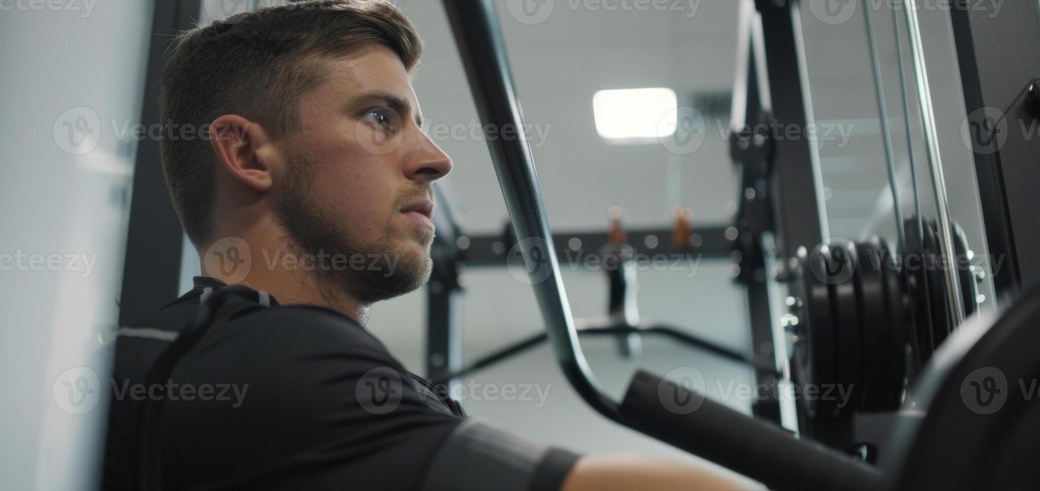 A side view of a man using a weight machine while his AI coach guides him through proper technique and offers performance tips photo