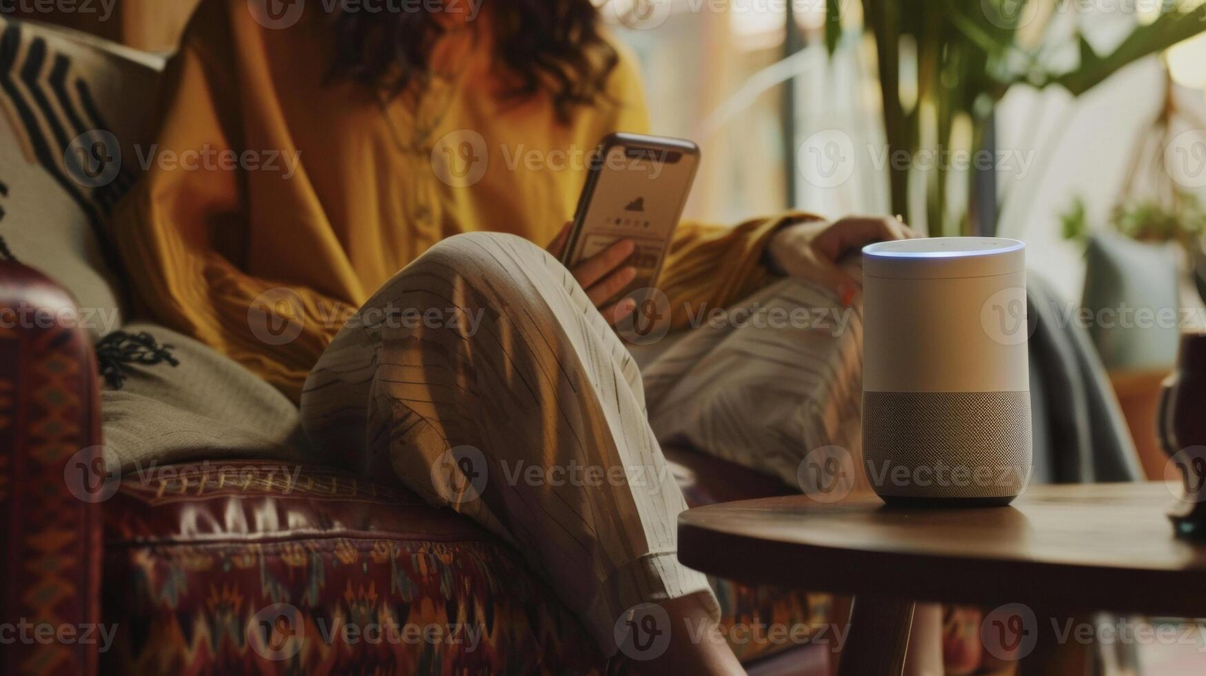 A person using a voice activated assistant to access personalized wellness recommendations and track daily health goals through a digital photo