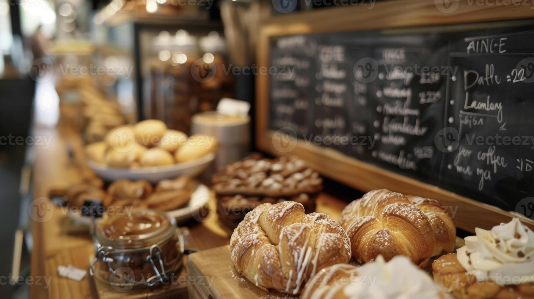 A chalkboard menu advertising various coffee blends and pastries with handwritten notes from previous customers tucked between the items photo