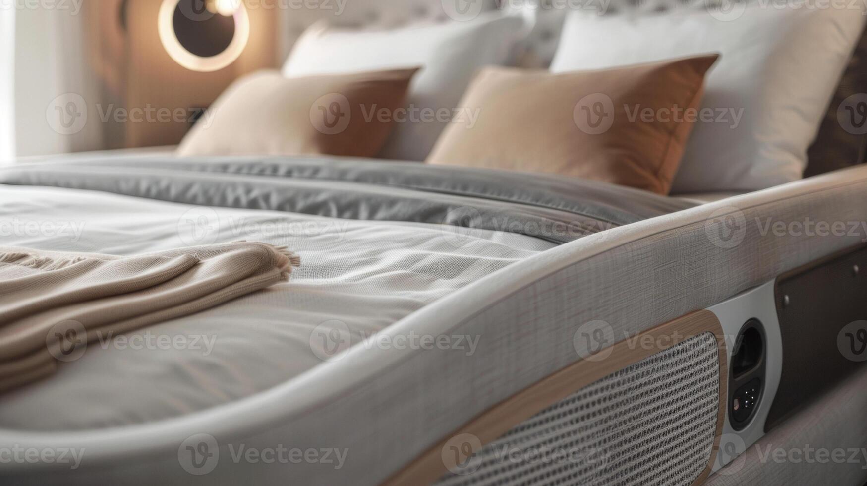 A closeup of a stateoftheart speaker system integrated into the bed frame providing soothing sounds or white noise to promote deep restful sleep photo
