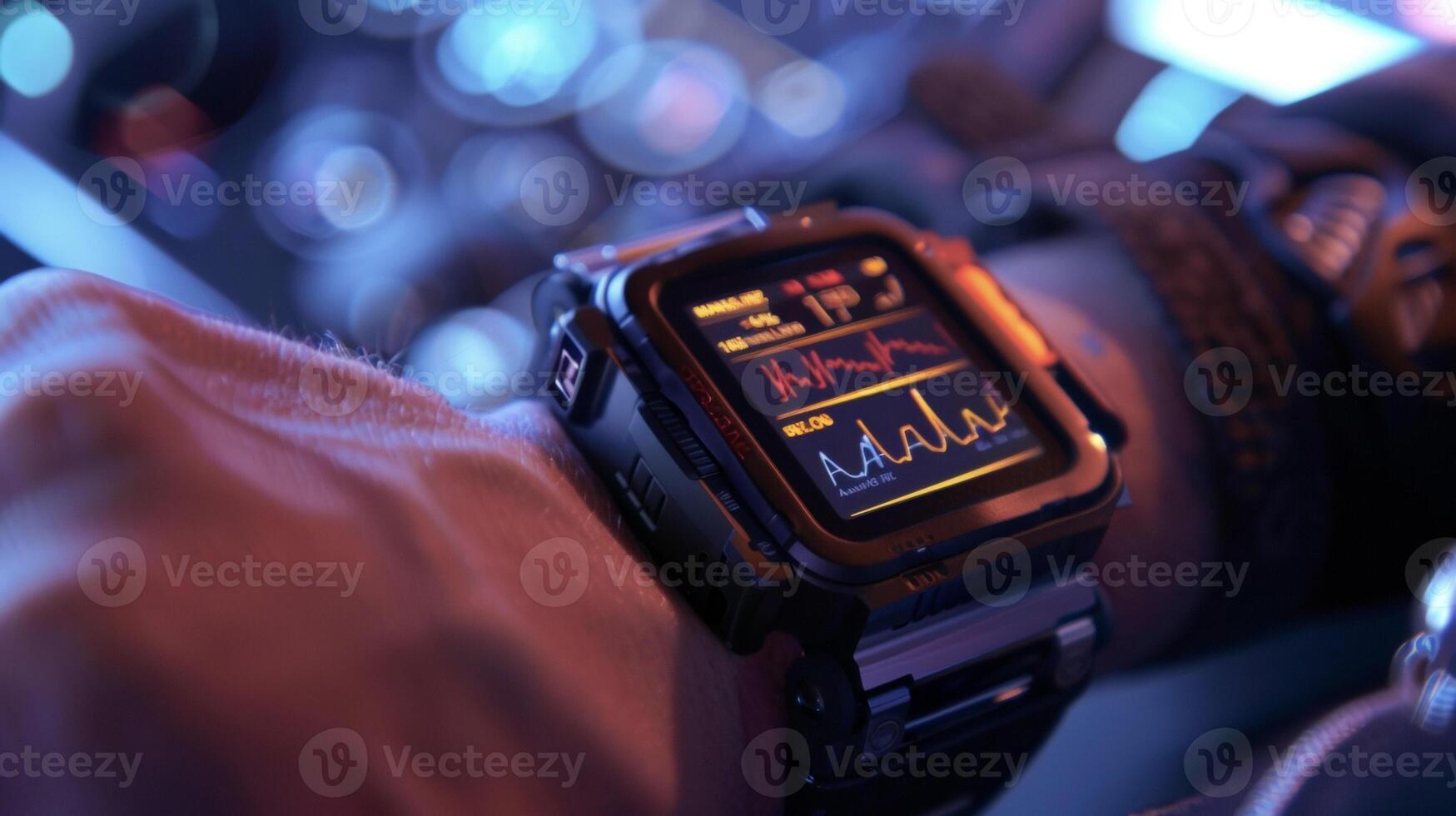 A closeup of a fitness tracker worn on the wrist displaying realtime heart rate and pressure data synced to a digital platform for continuous health monitoring photo