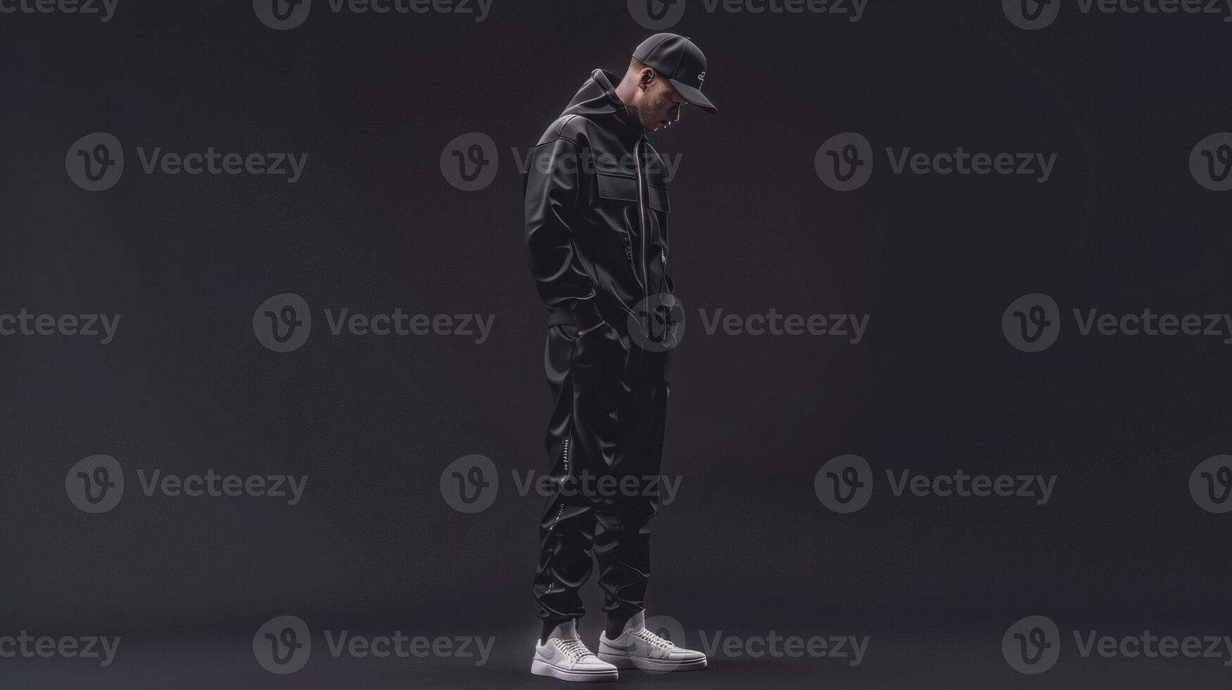 A young man sports a sleek black tracksuit with subtle embroidered patterns paired with chunky white sneakers and a sleek black baseball cap. The look is clean and cool perfec photo