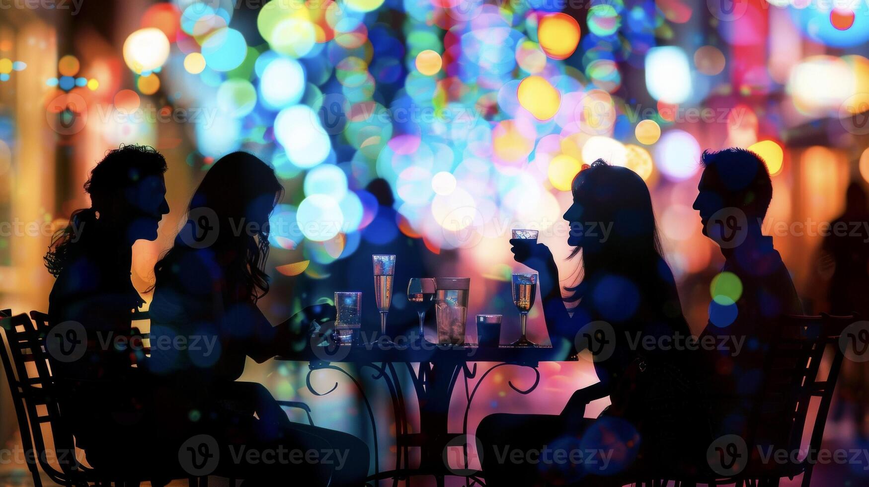 A group of friends laughing and chatting around a table on the cafes outdoor patio silhouetted against a backdrop of colorful city lights and bustling nightlife photo