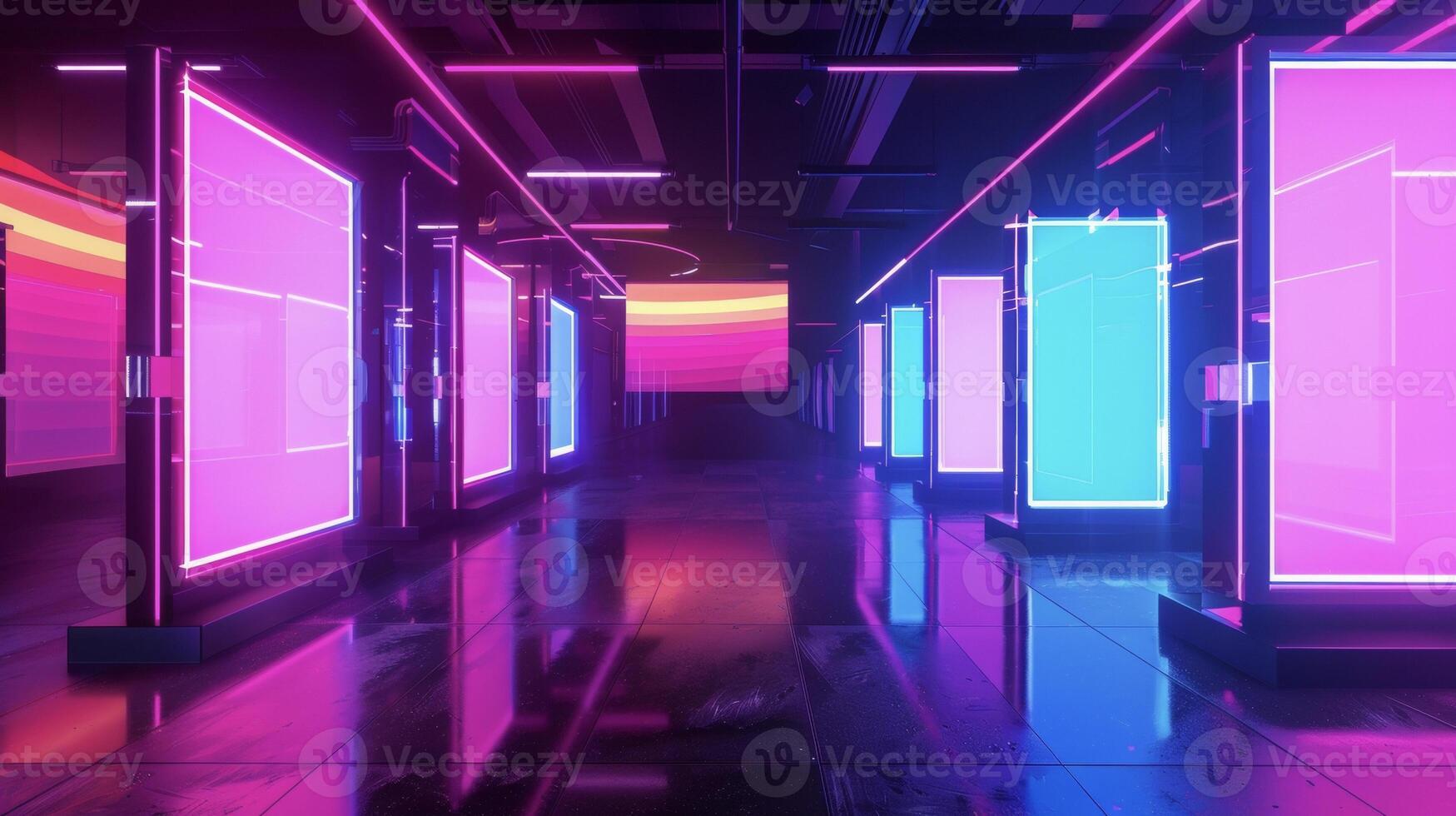 A collection of neon lights and digital billboards in a futuristic setting symbolizing the modernity and technological advancement that comes with a cost to the environment photo