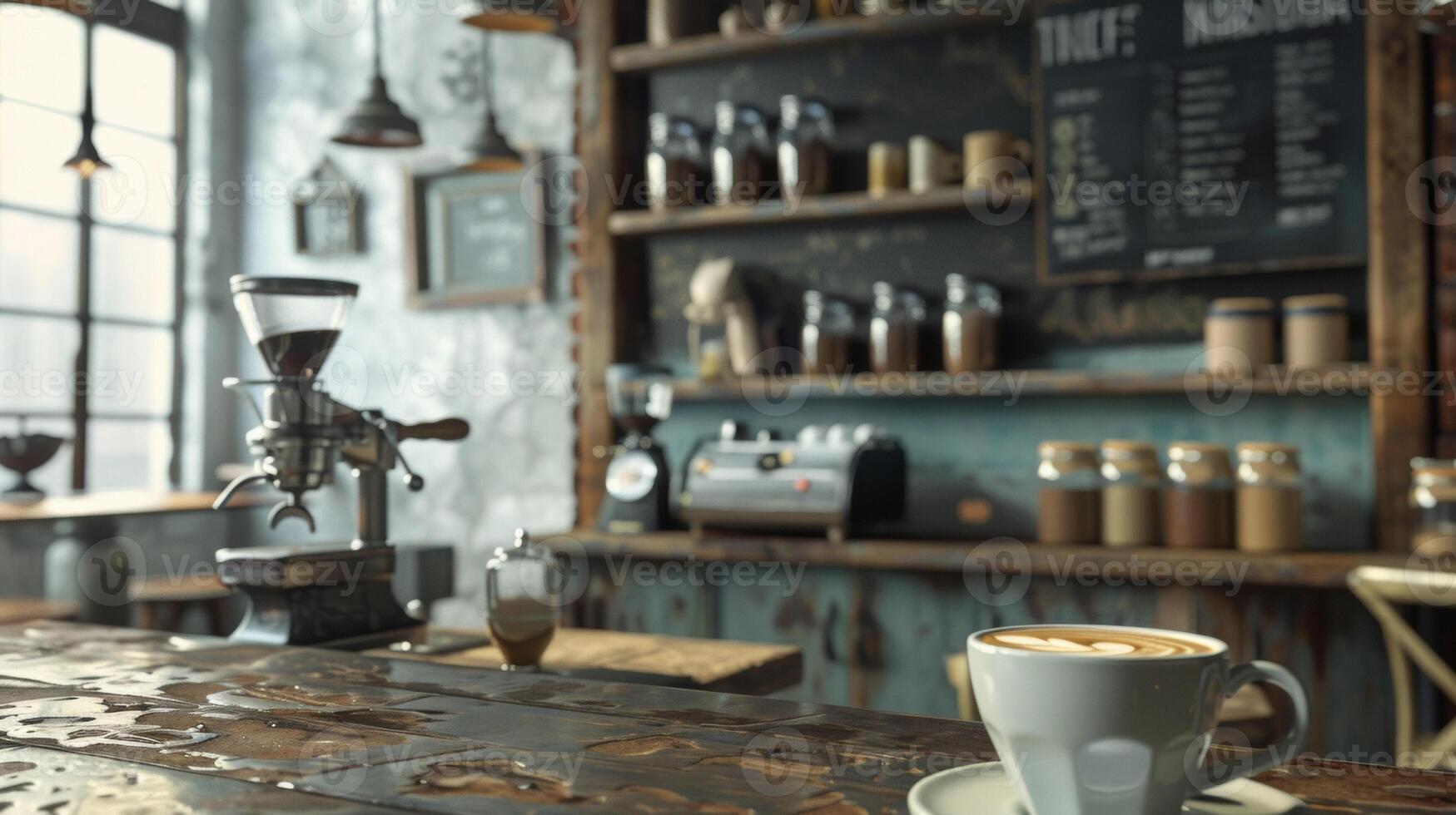 A peek inside a vintage coffee shop with shelves lined with antique coffee grinders and a chalkboard menu advertising their specialty drinks. In the foreground a latte wit photo