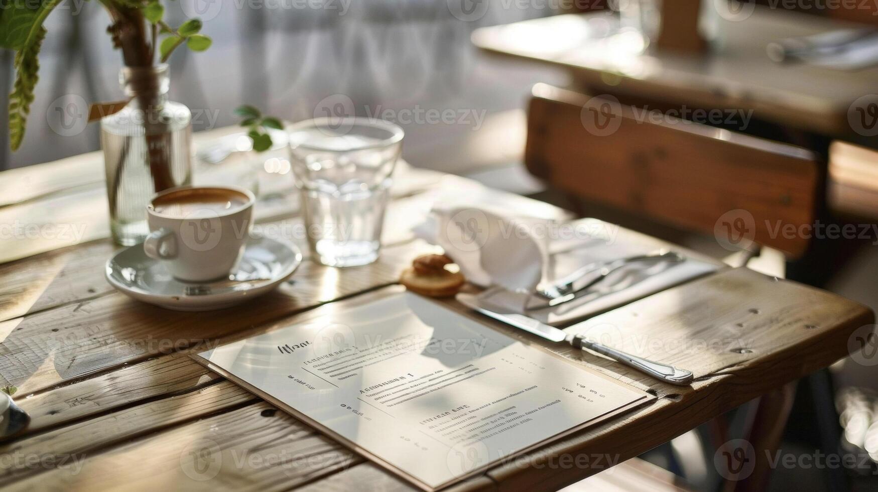 A menu card with a simple design and elegant font featuring only a few items carefully selected to represent the cafes specialties photo