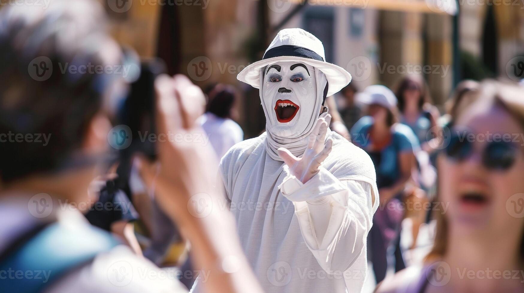 A mime artist dressed in all white mimicking passersby and eliciting laughter from a group of tourists taking photos
