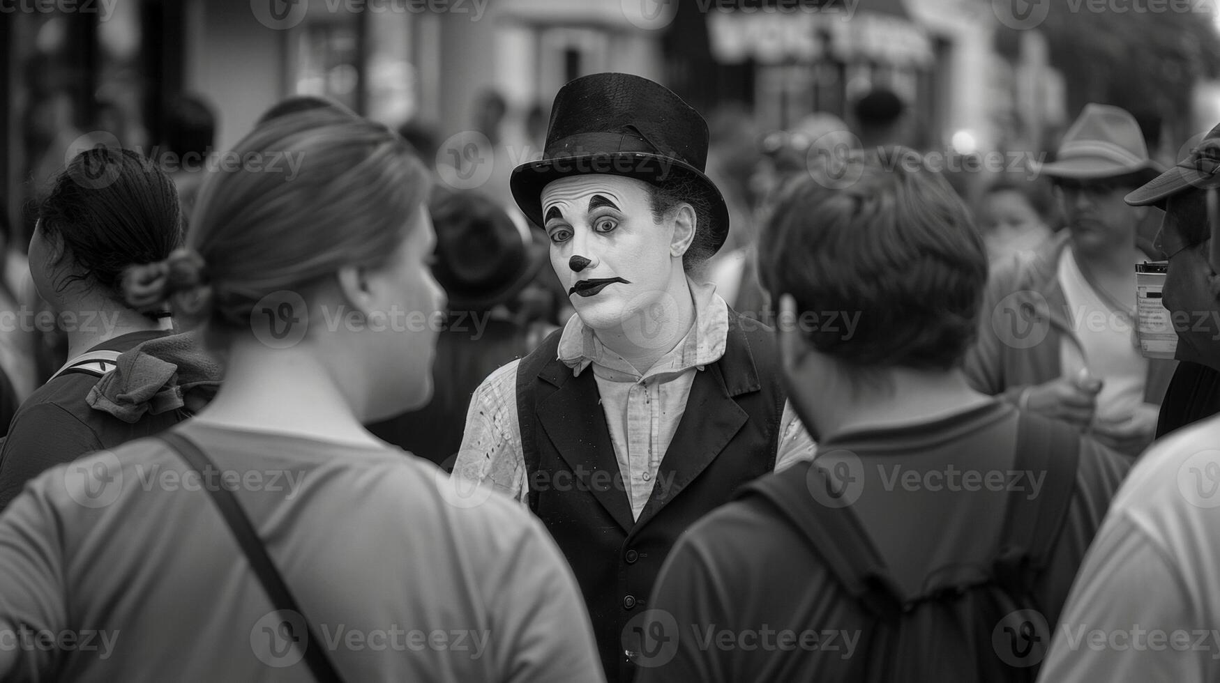 A mime engages with curious onlookers his exaggerated gestures and expressions bringing a touch of whimsy to the busy urban environment photo