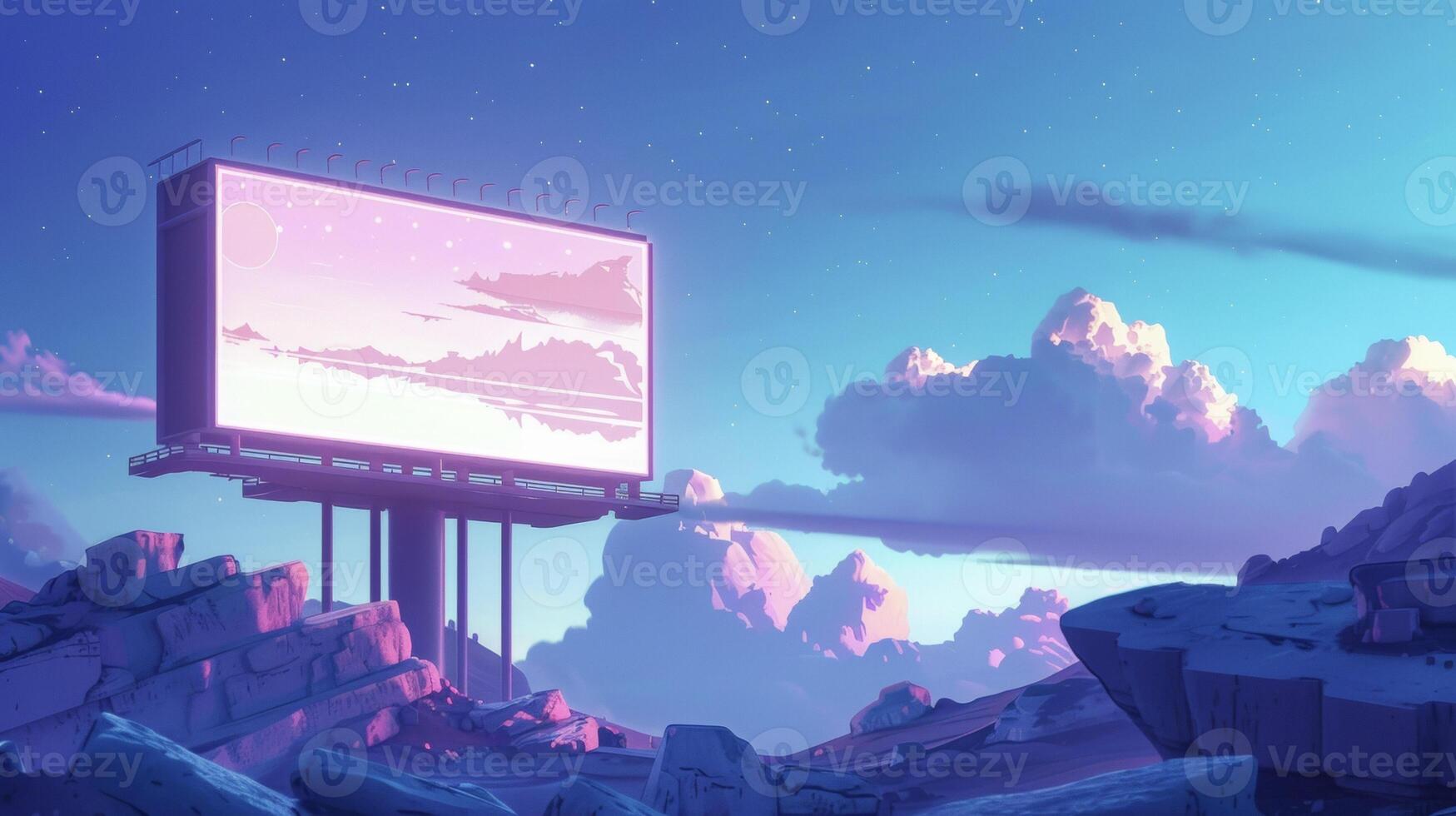 A digital billboard showcasing a futuristic virtual landscape beckoning viewers to enter and explore photo