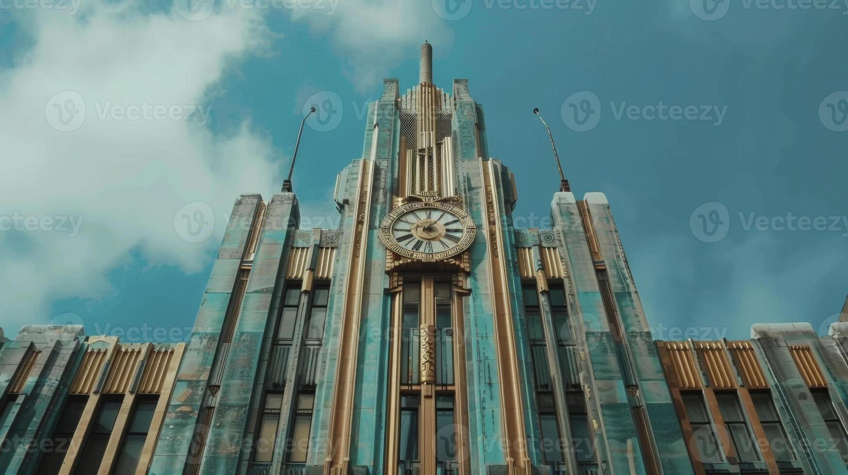 A unique blend of lavender teal and gold give an art deco building a bold and modern look. Its smooth sleek facade is punctuated by a towering clock tower and striking geometri photo