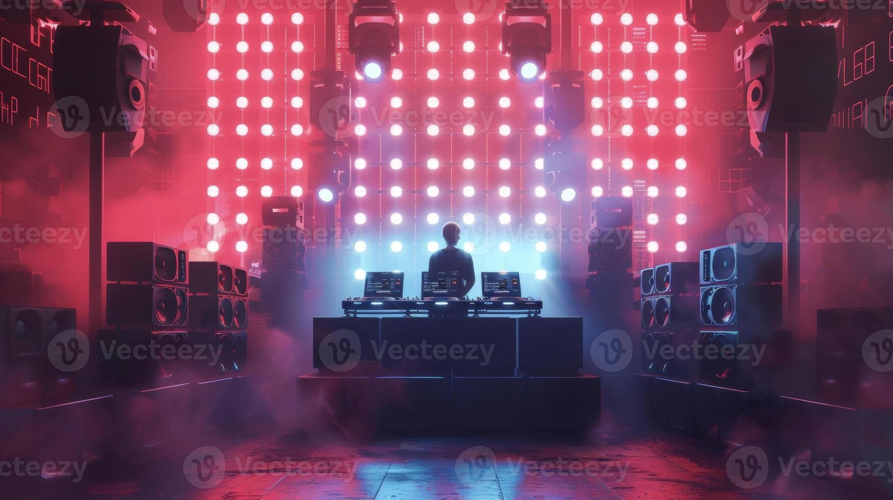 At a underground techno club a DJ stands in front of a massive wall of speakers their turntables and mixer taking up most of the booth. As they spin a mix of electronic beat photo
