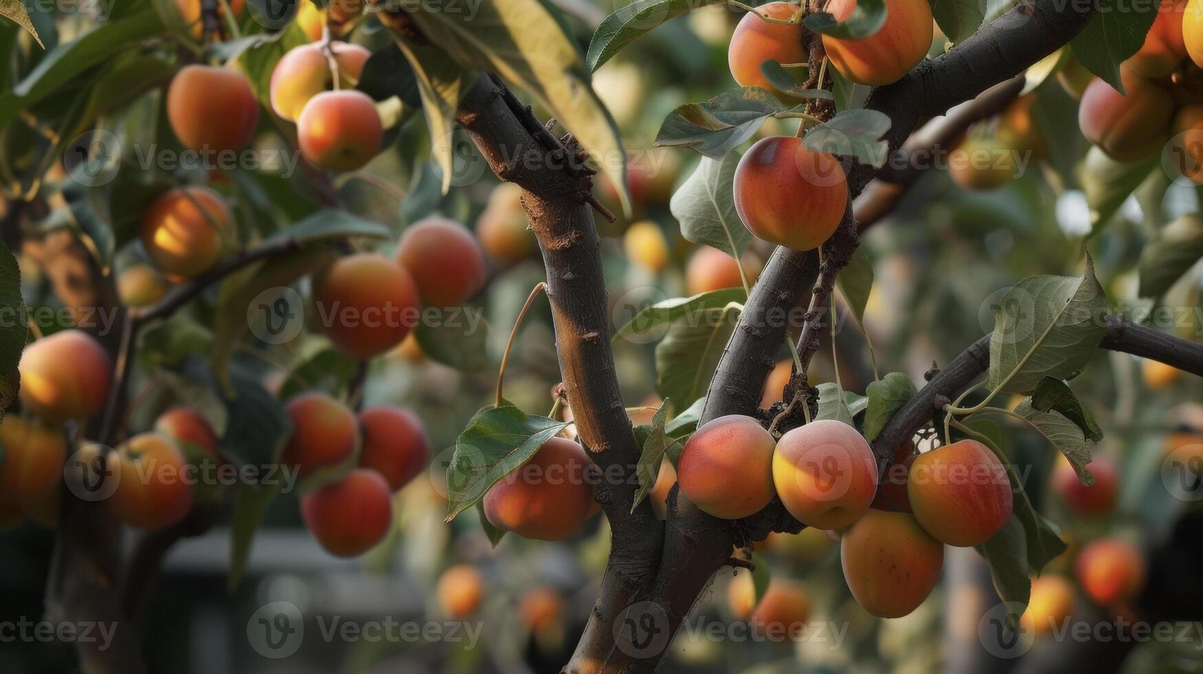 A stunning closeup of a fully matured grafted fruit tree showcasing a bountiful and colorful array of fruits each with its unique characteristics from the two parent trees photo