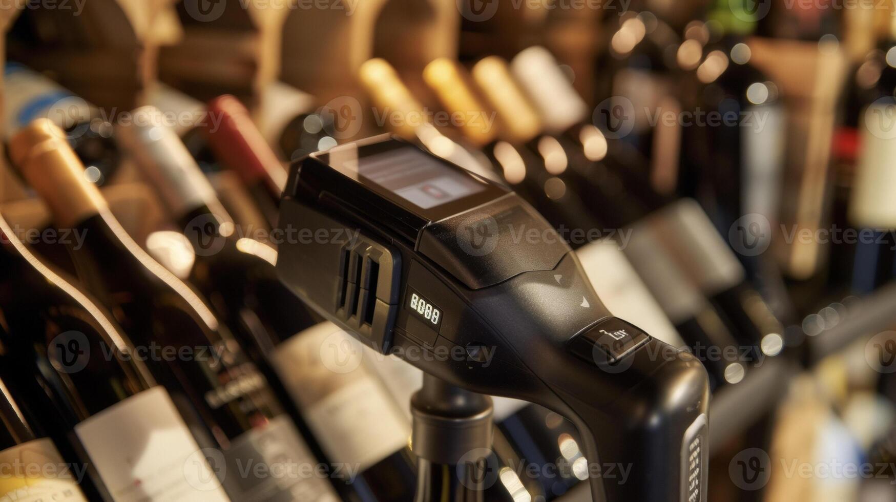 Closeup of a bar code scanner used to track and manage inventory in the wine cellar. Each bottle is scanned and inputted into a digital database for easy access and organization photo