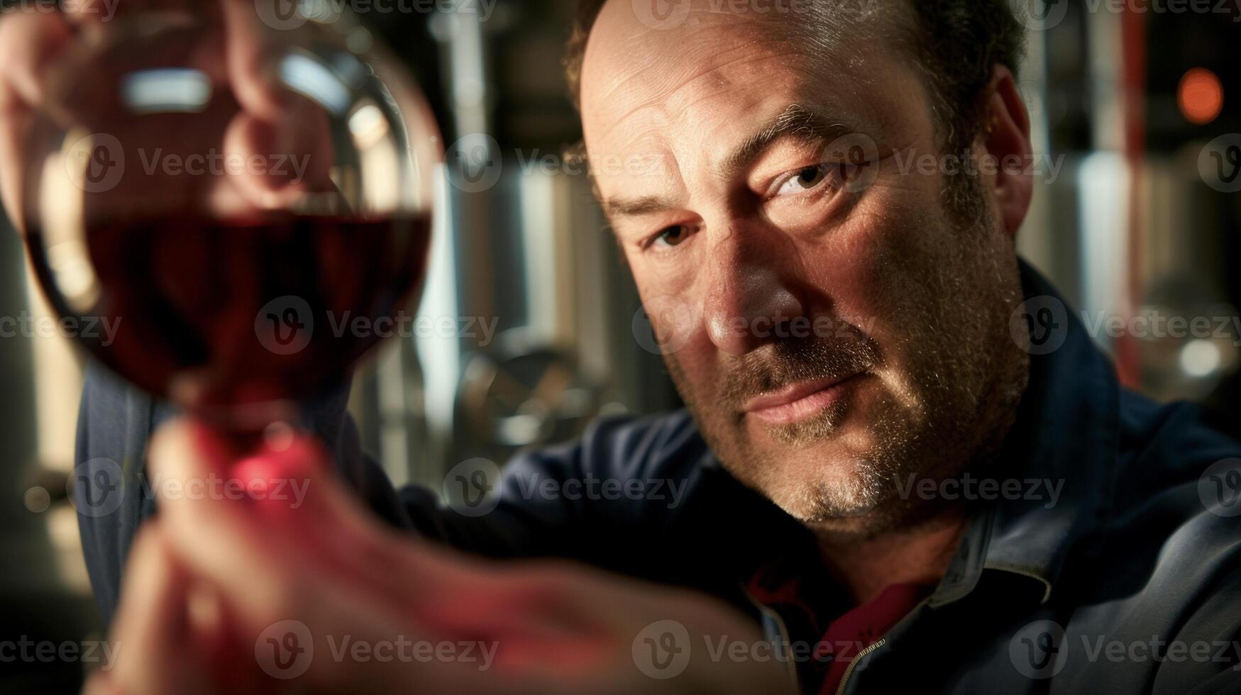 A winemaker checks the clarity of the red wine by holding a gl up to the light admiring its deep ruby color photo