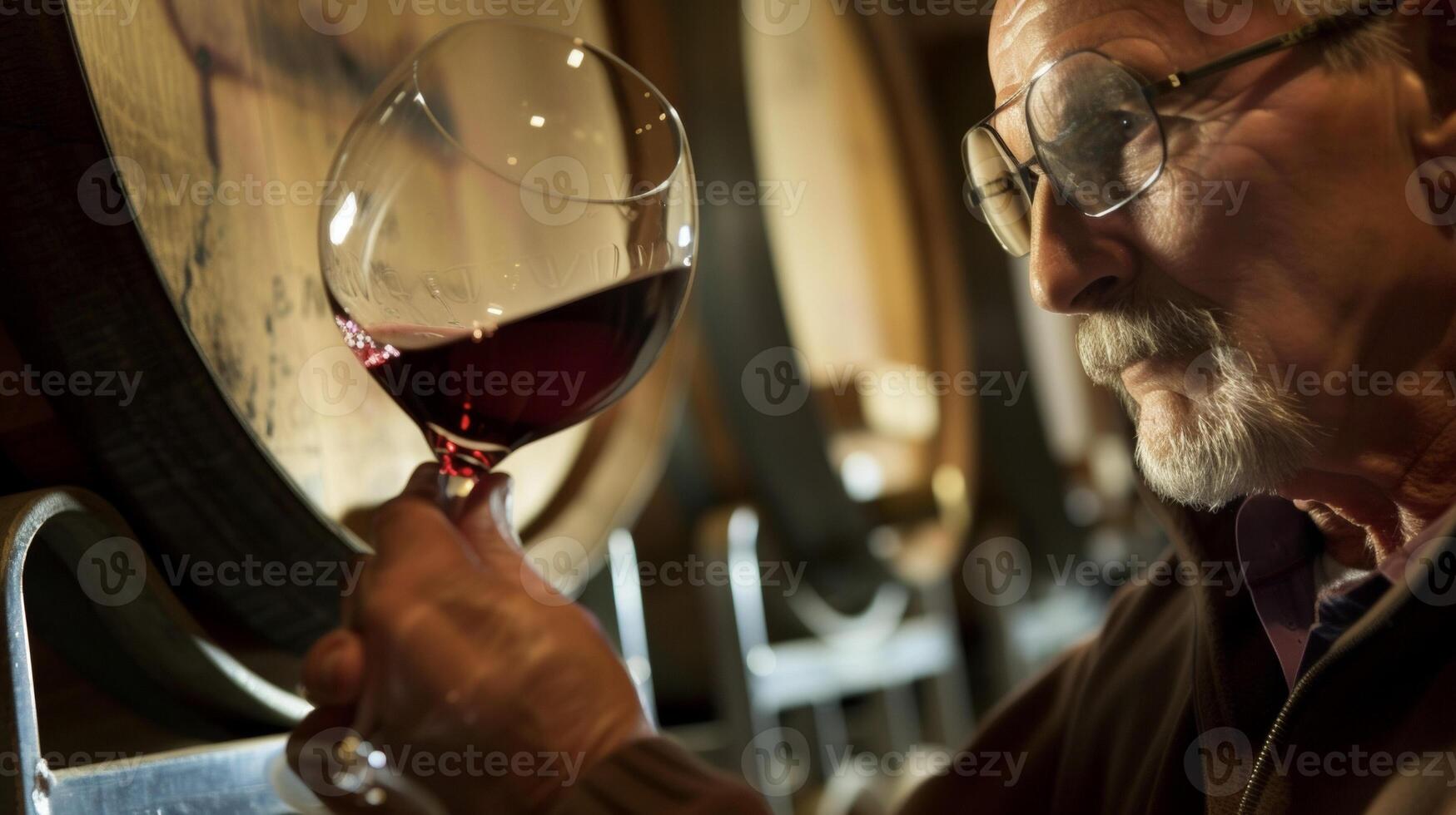 A winemaker holding a gl of bold red wine up to the light admiring its deep ruby color and fullbodied aroma photo
