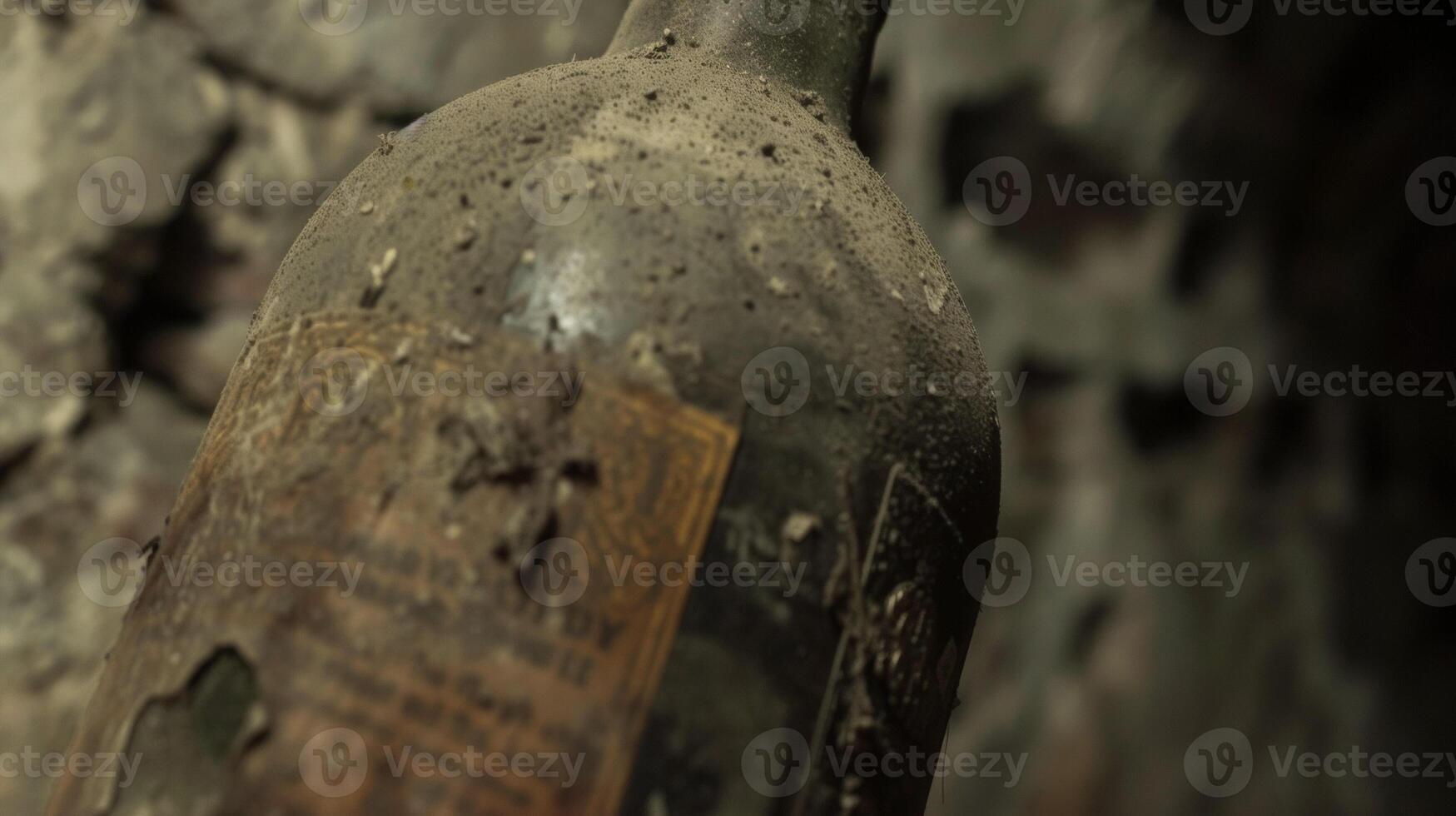 A bottle with an aging wine label is seen in the cellar covered in a thin layer of dust. The label has slightly faded over time giving the bottle a vintage and nostalgic feel photo