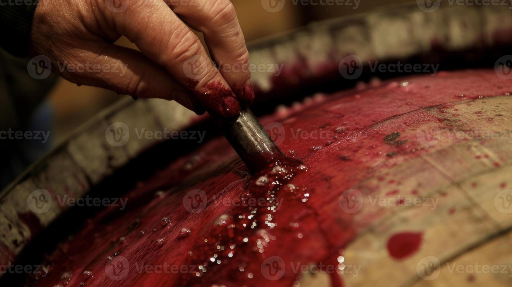 A meticulous hand dips a gl into a barrel of deep red wine drawing out a sample for tasting to ensure the perfect balance of flavors and aromas before bottling photo