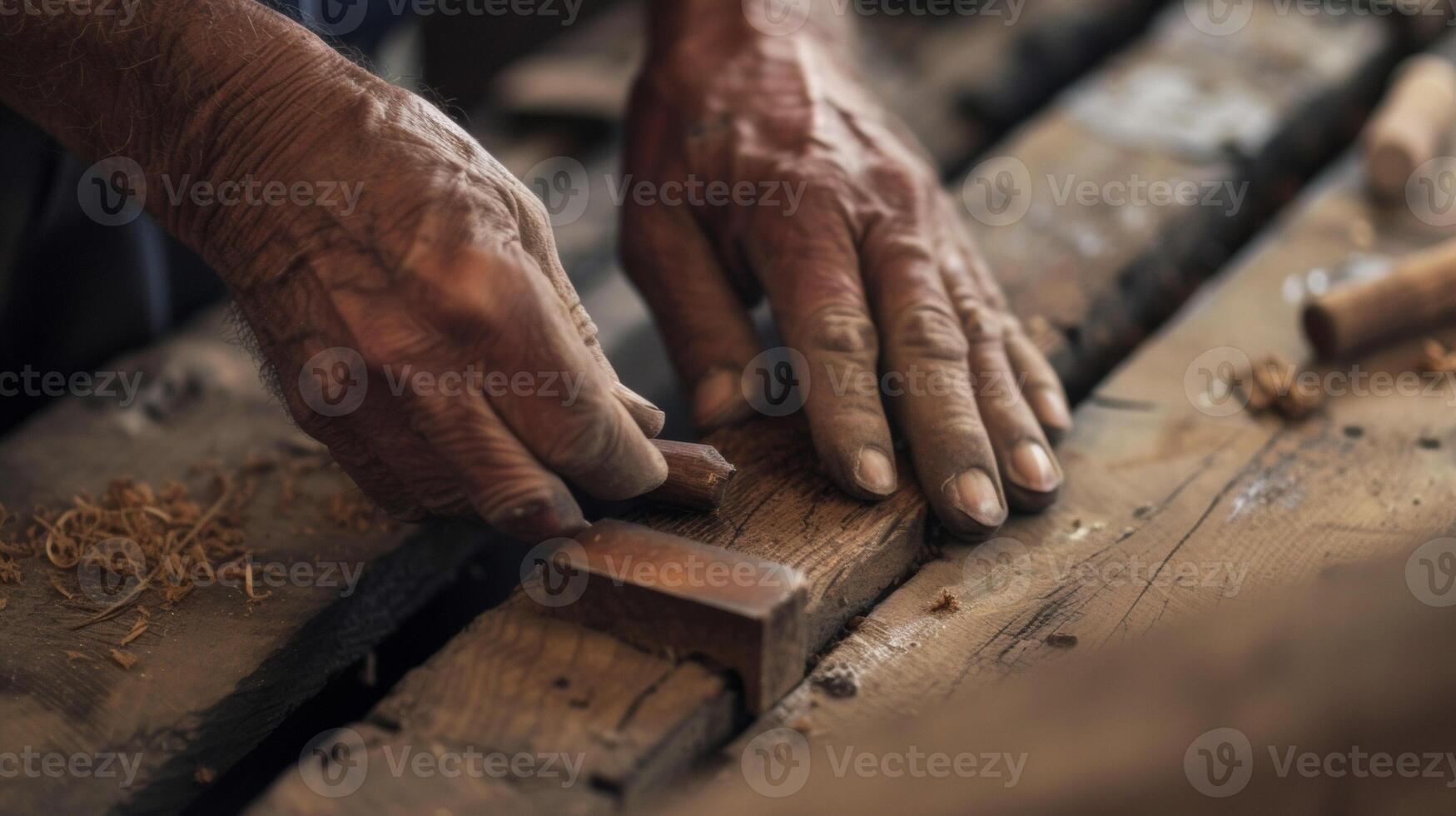 A closeup of a winemakers hands rolling a small piece of oak wood between their fingers. This piece of wood known as a wine stave will be added to a fermenting tank or barre photo