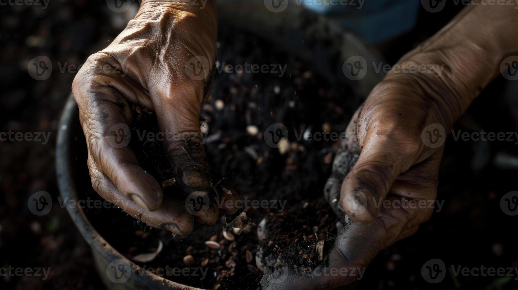 A farmers wrinkled hands sowing tiny seeds into dark nutrientrich soil preparing for the growth of exotic tropical vegetables photo
