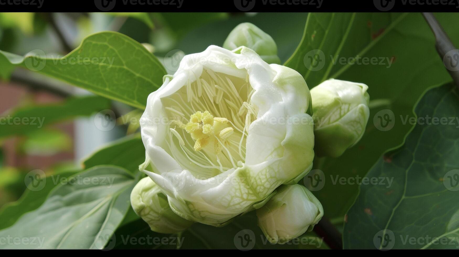 The buds now fully expanded into a beautiful delicate flower its petals intricately patterned and its center bursting with pollen photo