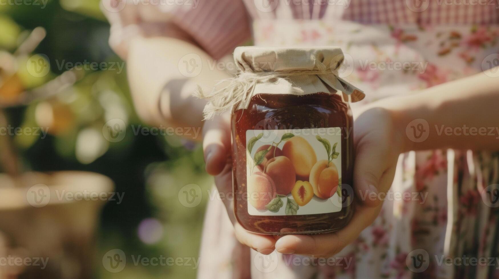 A woman holds a jar of homemade jam the label adorned with a handdrawn illustration of a variety of fruits. Inside the jar are chunks of juicy peaches plums and apricots preserve photo