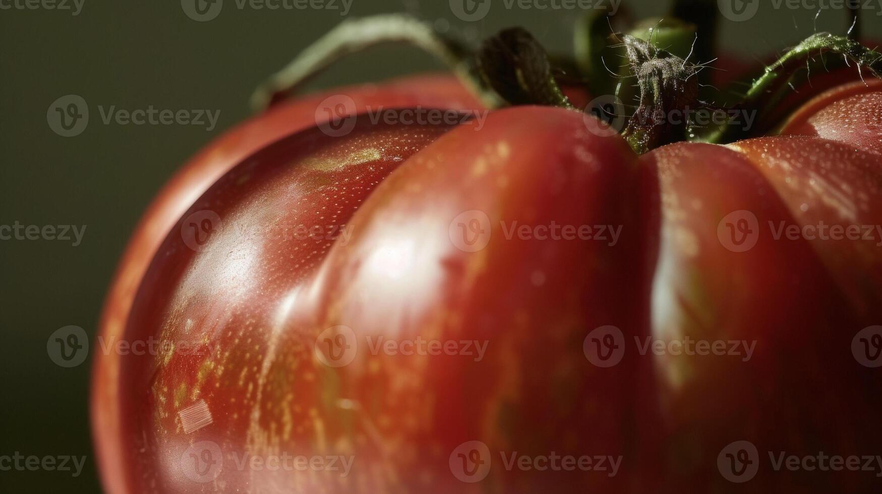 A closeup of a plump round tomato with a shiny smooth skin and deep crimson coloring photo