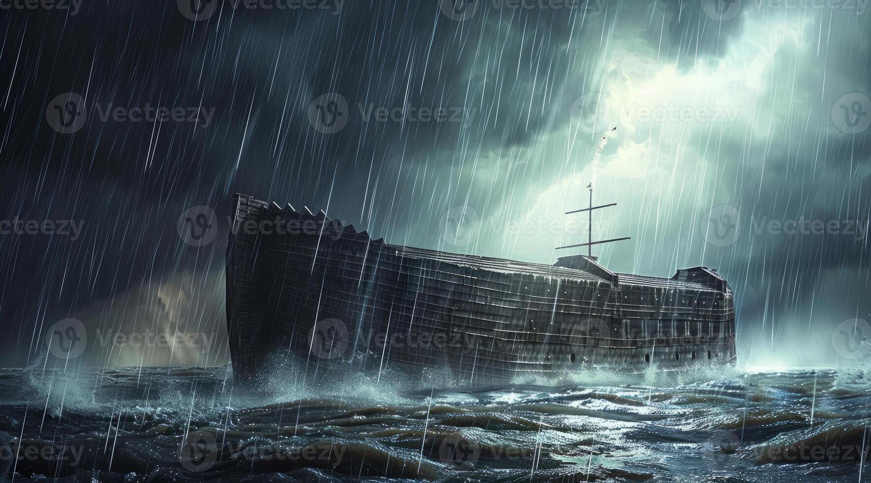 Noah Ark is in the water with a group of people and animals on it photo